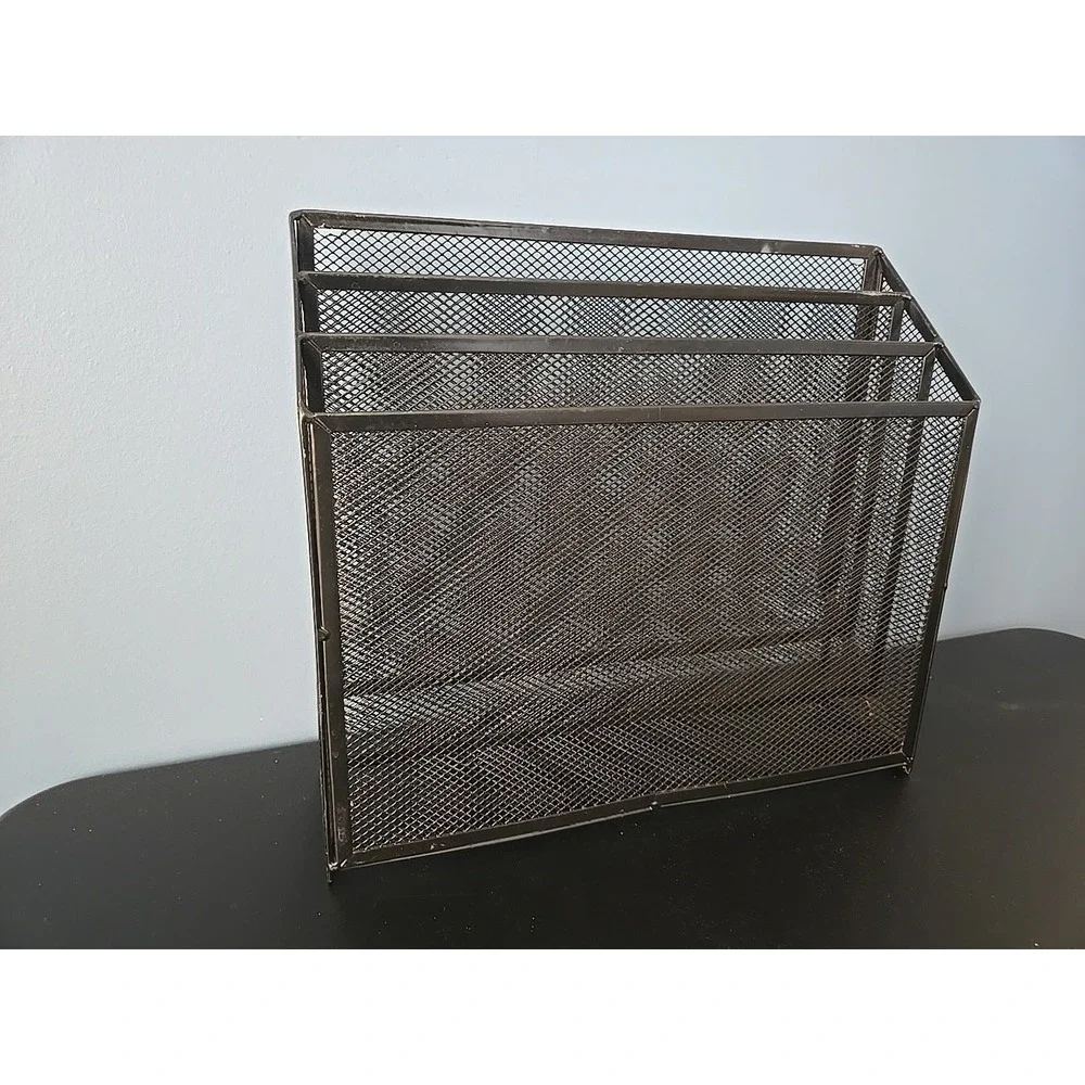 Three Section Tier Compartment Black Metal  Mesh Wire File Organizer